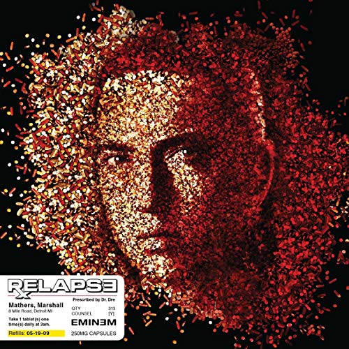Eminem’s “Relapse” CD cover: a fragmented, orange-toned portrait of his face.
