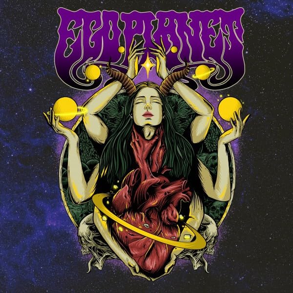 Album cover: woman with planets and skeletal imagery, dark and colorful.
