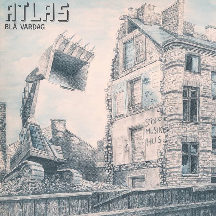 Pencil-style album cover depicting a building demolition with construction equipment.