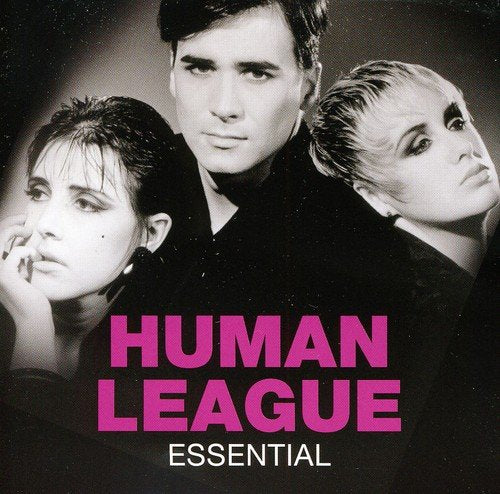 Black and white portrait of Human League members with pink text.