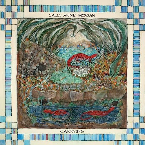 Album cover for Sally Anne Morganās āCarryingā featuring painted landscape and fish.