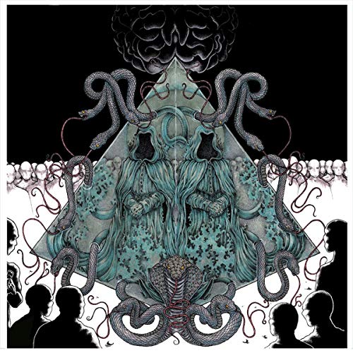 Pyramid with figures, snakes, and silhouettes in a dark, surreal illustration.