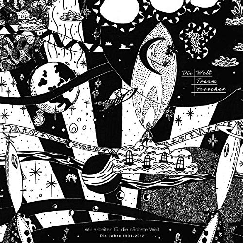 Black and white CD cover with rocket, planets, and a townscape.