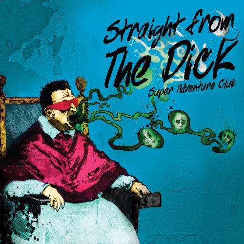 Album cover: illustrated man in red, floating heads, and blue text.