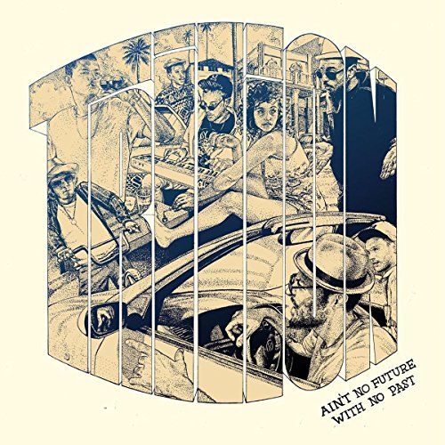 Vintage-style illustration of people in cars, album cover for "Trillion.