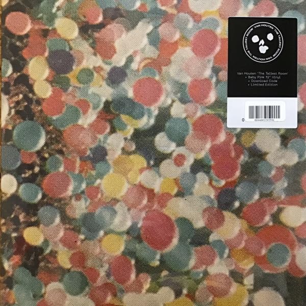 Vinyl record cover with colorful speckled pattern and barcode sticker.