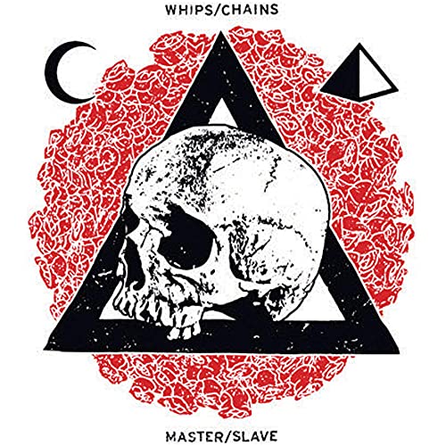 Skull within a black triangle on a red, patterned background.