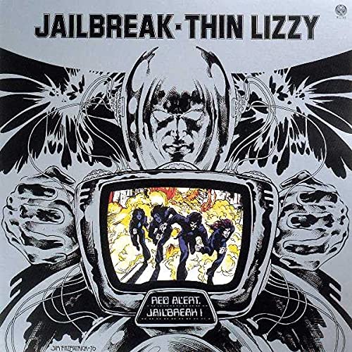 Thin Lizzy Jailbreak album cover featuring a futuristic figure watching figures run from explosions.