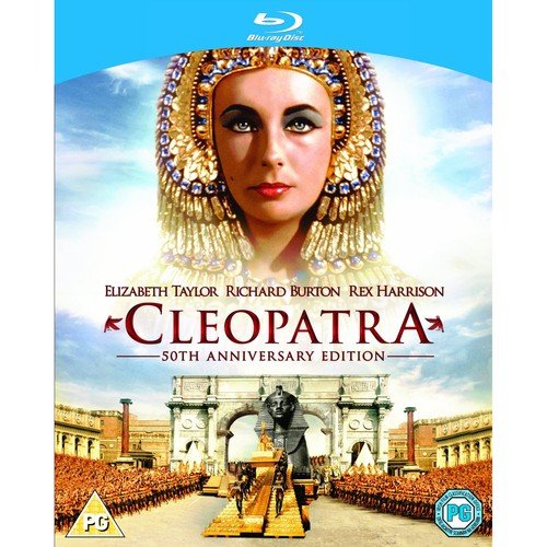 Blu-ray cover featuring Elizabeth Taylor as Cleopatra above a scene of ancient Roman architecture.