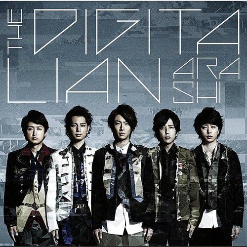 Arashi band members in dark clothing against a fragmented, blue-toned background.