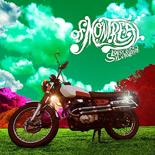 Album cover: motorcycle on grass, colorful sky, and white script text.