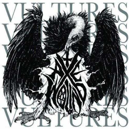 Black and white illustration of a vulture with wings spread over stylized text.