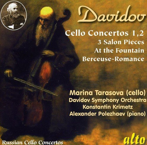 CD cover featuring a cellist and text: “Davydov Cello Concertos” and artist names.