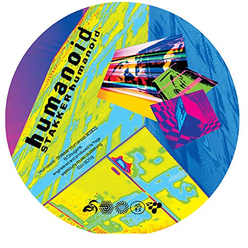 Colorful vinyl record label for “Humanoid - Stakker Humanoid” with abstract design.