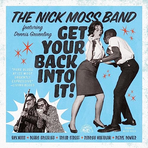 CD cover: retro illustration of musicians dancing, blue background.