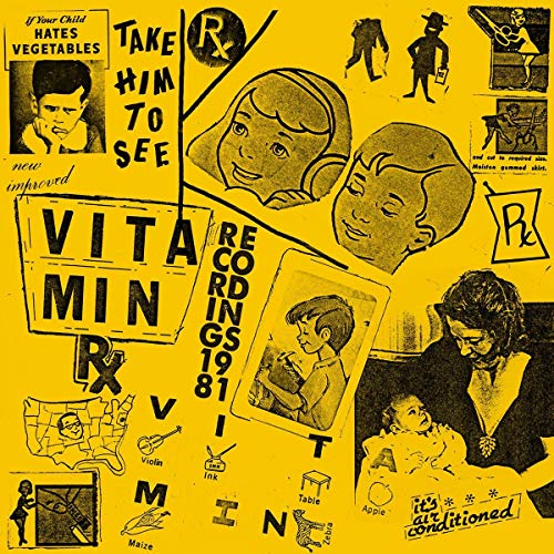 Yellow album cover for “Vitamin - Recordings 1981” with vintage children’s illustrations.