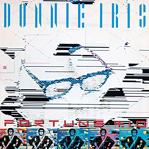 Album cover for Donnie Iris’s “Fortune 410” with glitch art and band photos.