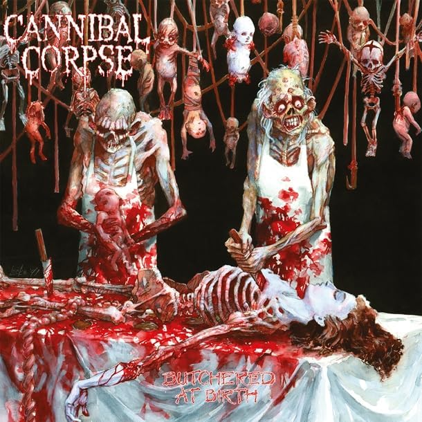 Cannibal Corpse album cover: grotesque, bloody imagery of undead figures and infants.