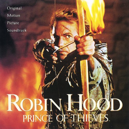 Robin Hood aiming a flaming arrow, album cover for the movie soundtrack.