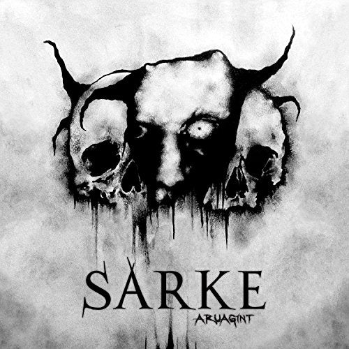 Black and white illustration of skulls and a distorted face, with text.