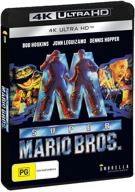 “Super Mario Bros.” 4K Ultra HD Blu-ray case featuring Bob Hoskins and Dennis Hopper.