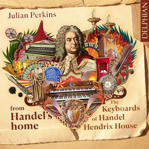 CD cover featuring Handel’s portrait with keyboards and baroque details.
