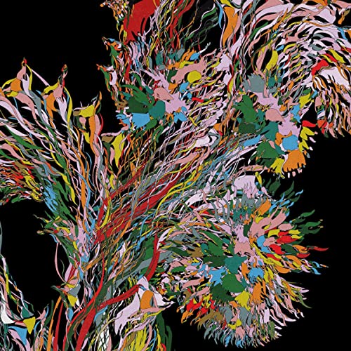 Abstract colorful artwork resembling foliage on a black background.