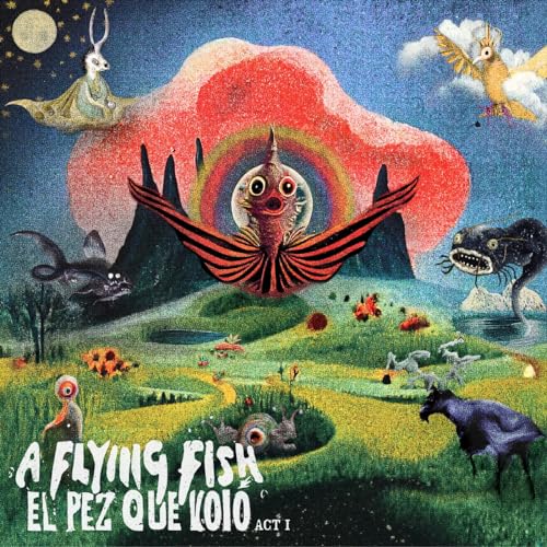 Surreal CD cover with flying fish, fantastical creatures, and colorful landscape.