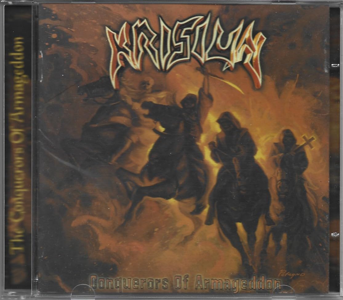 CD case for Krisiun’s “Conquerors of Armageddon” with apocalyptic artwork.