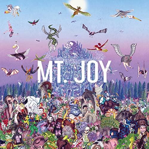 Mt. Joy album cover with fantastical animals surrounding a mountain.