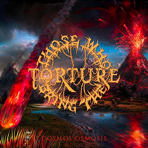 A flaming meteor strikes a landscape with a volcano, river, and band logo overlay.