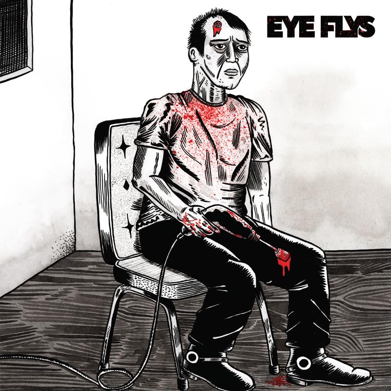 Black and white illustration of a bound figure in a chair, with blood.