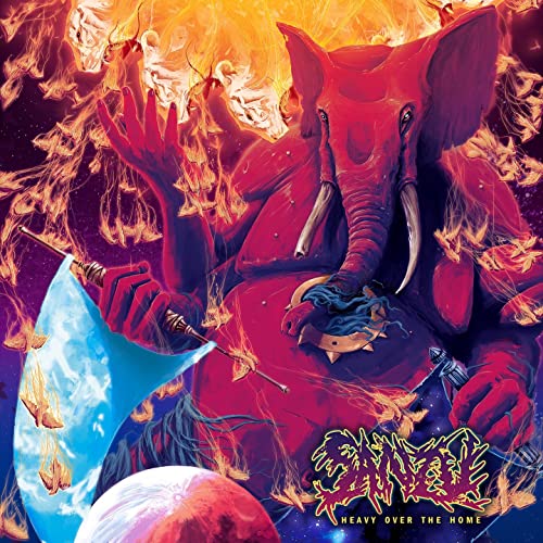Red elephant deity with multiple arms, fiery background, and planetary imagery.