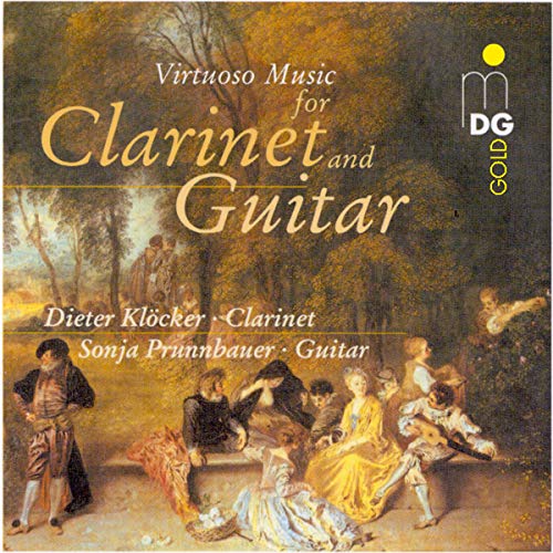 CD cover: "Virtuoso Music for Clarinet and Guitar" with classical painting.