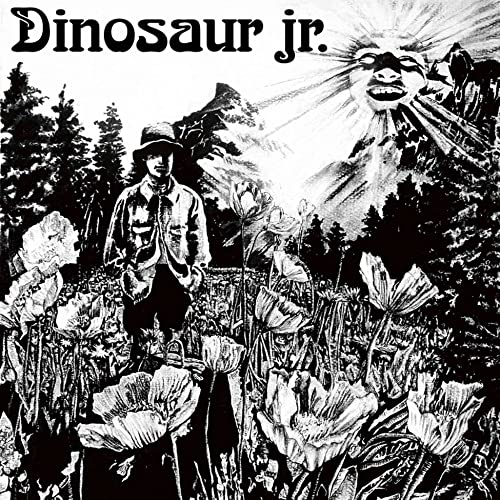 Black and white album cover for Dinosaur Jr.'s "Dinosaur" featuring a man and sun.