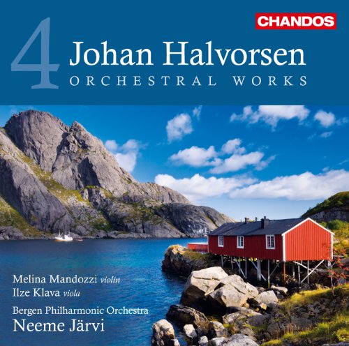 CD cover: Mountains, water, red house, text “Johan Halvorsen Orchestral Works”.