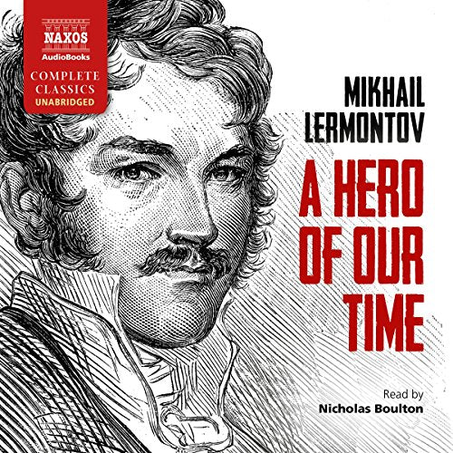 AudioCravat-wearing man's sketch on audiobook cover for A Hero of Our Time.H.