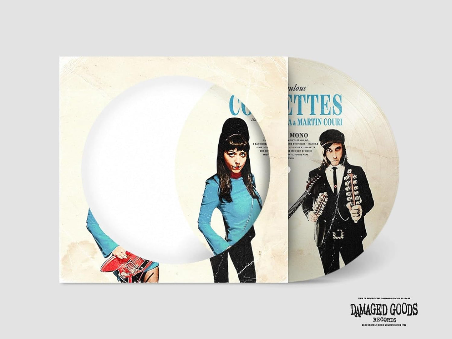 Vinyl record cover featuring two musicians and blue graphic elements.