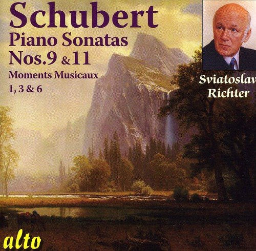 CD cover: Schubert piano sonatas performed by Sviatoslav Richter, mountain landscape.