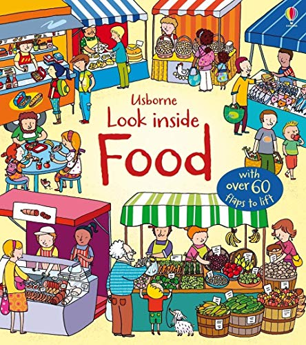 “Look Inside Food” book cover with colorful illustrations of a market scene.