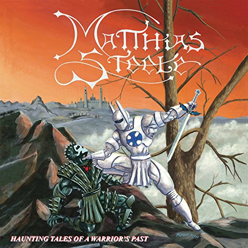 Album cover: knight with sword facing a shadowy figure, castle backdrop.