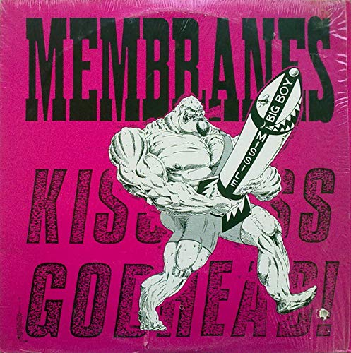 Pink album cover for Membranes' "Kiss Ass Godhead" featuring illustrated figure.
