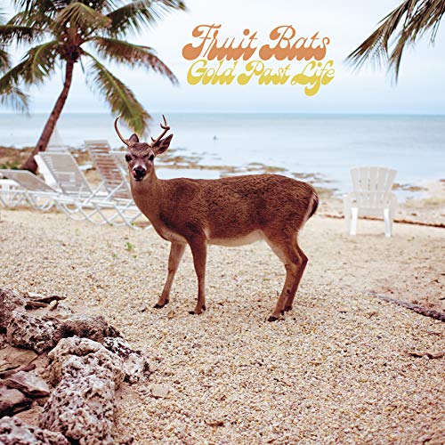 Album cover: deer on a beach with palm trees and ocean.
