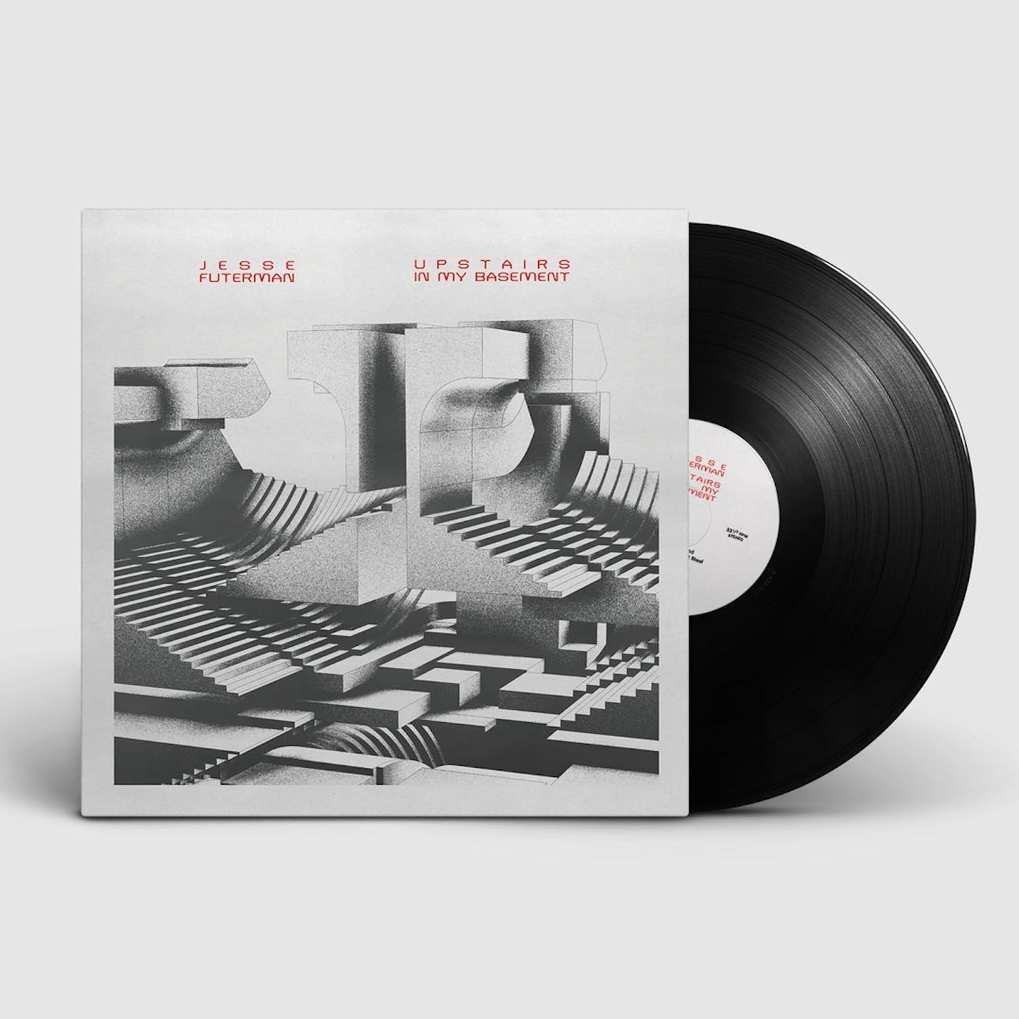 Vinyl record with album cover featuring an architectural staircase illustration.