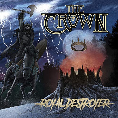 Album cover for The Crown’s “Royal Destroyer” featuring a horned figure on horseback.