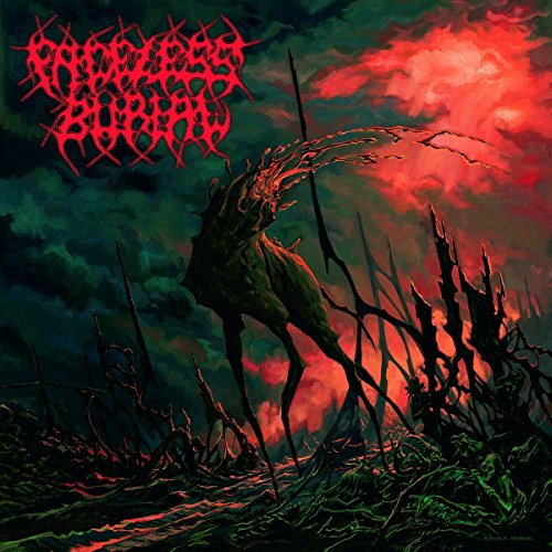 Dark album cover with twisted, thorny figure against a red and green sky.