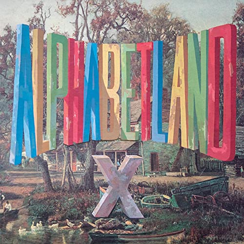 Album cover for “Alphabetland” by X, featuring colorful letters and a rural scene.