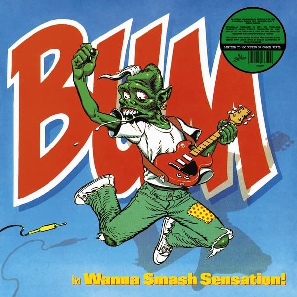 Cartoon green creature playing a red electric guitar, album cover art.