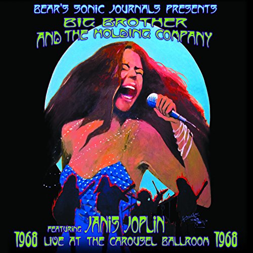 Painting of Janis Joplin singing into a microphone with band silhouettes on black background.