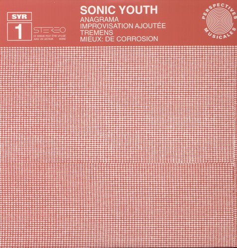 Red vinyl record cover for Sonic Youth’s “Perspectives / Anagrama” with textured pattern.